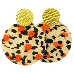 Oorbellen snake leer rond plat panter oranje/zwart/beige