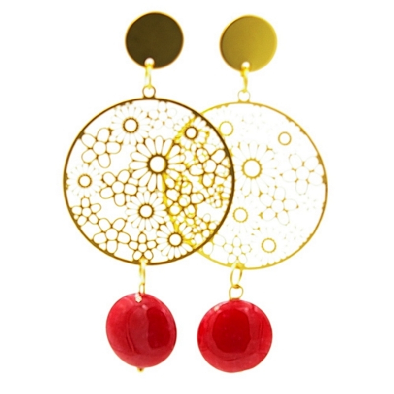 Oorbellen filligrain plaatje goud met agaat rode kraal