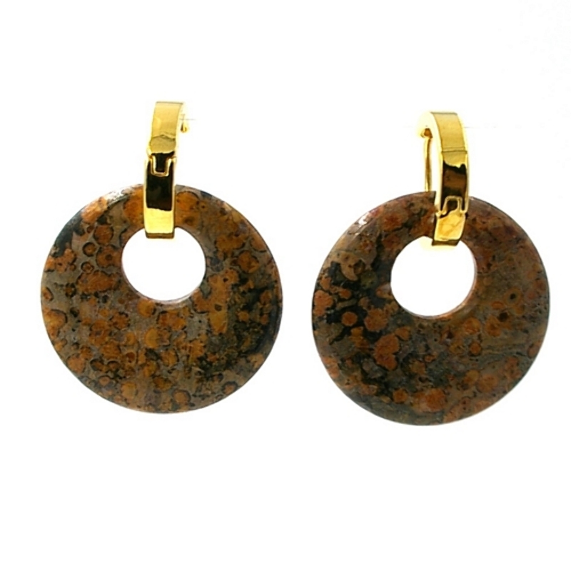 Oorbellen halfedelsteen hanger rond unakite met stainless steel creolen zilver