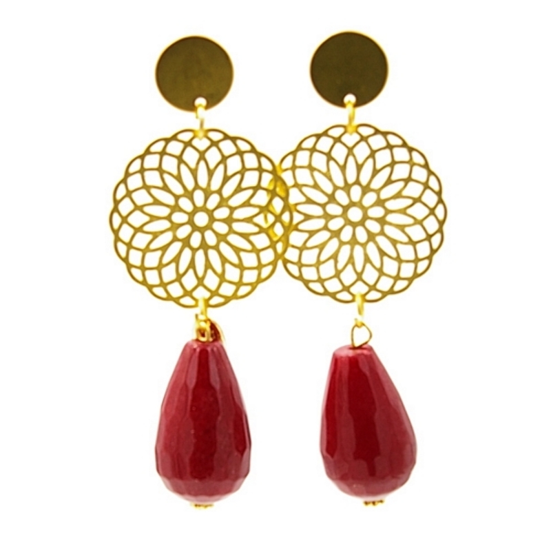 Oorbellen filligrain plaatje goud met agaat druppel rood