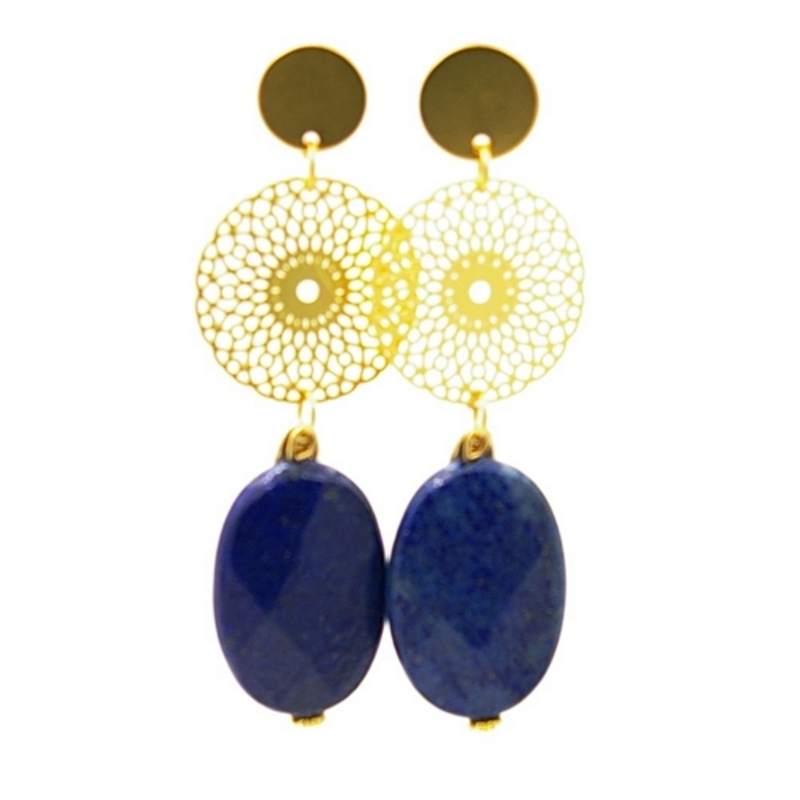 Oorbellen filligrain plaatje goud met lapis lazuli steen ovaal