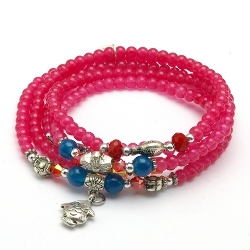 Armband wikkel glaskralen 5 rij roze/rood