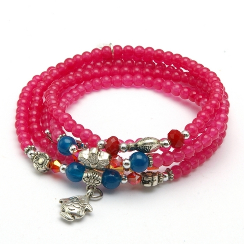 Armband wikkel glaskralen 5 rij roze/rood