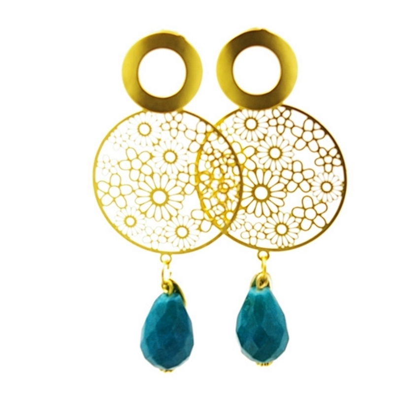 Oorbellen filligrain plaatje goud met agaat druppel turquoise