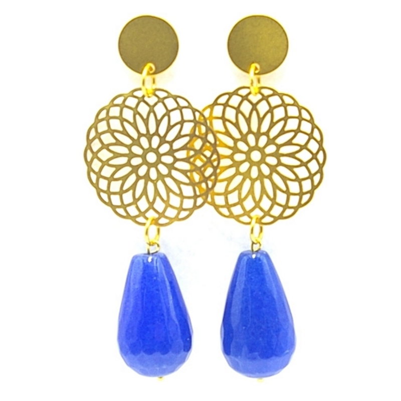 Oorbellen filligrain plaatje goud met agaat druppel blauw