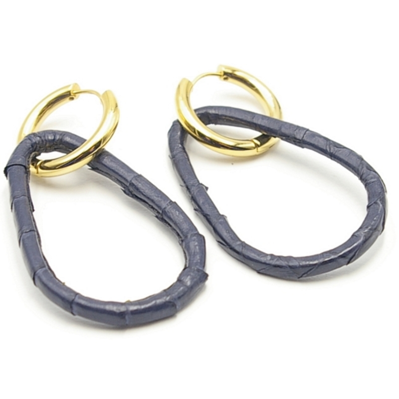 Oorbellen snake leer druppel open dun donkerblauw met creool