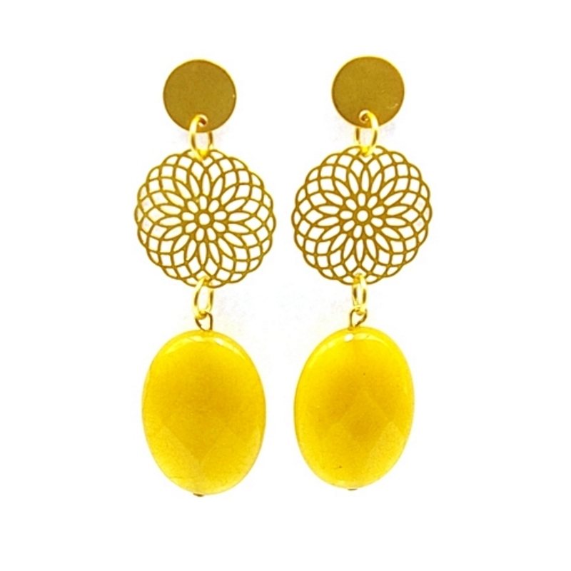 Oorbellen filligrain plaatje goud met agaat druppel geel