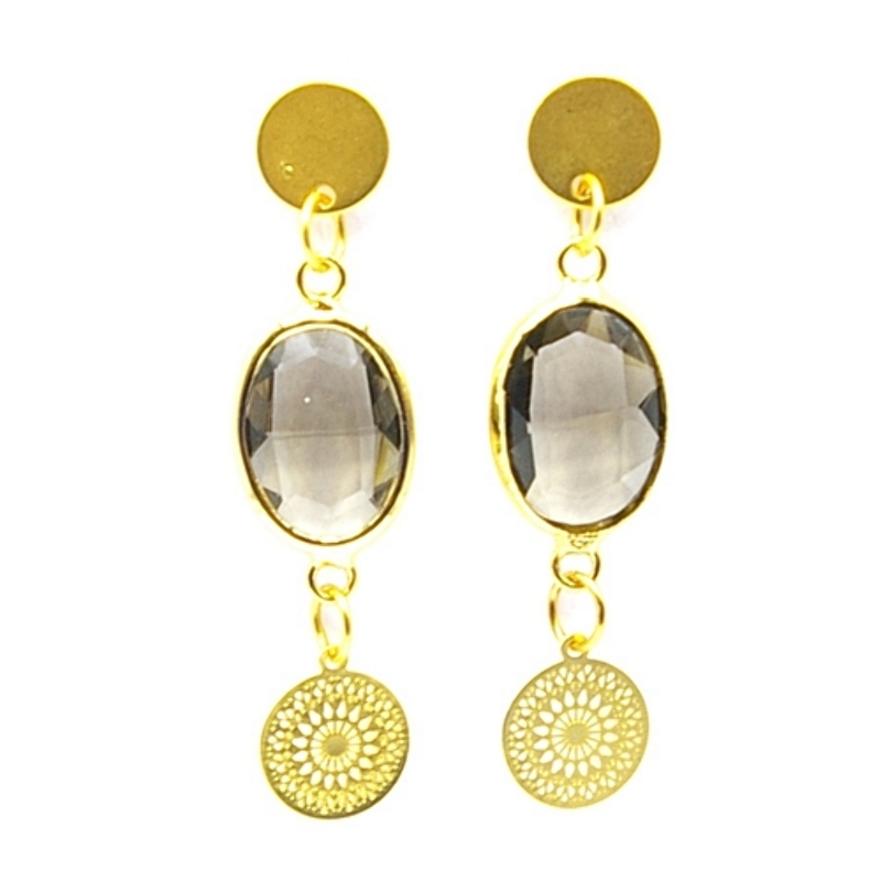 Oorbellen facet geslepen crystal ovaal rook met filligrain plaatje