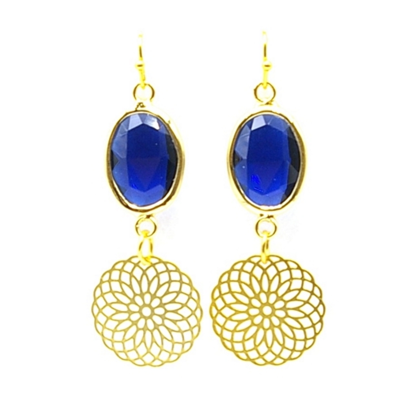 Oorbellen facet geslepen crystal ovaal blauw met filligrain plaatje