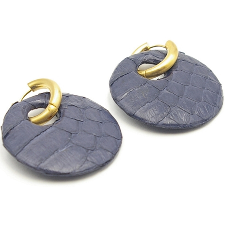 Oorbellen snakeleer rond donkerblauw met creolen
