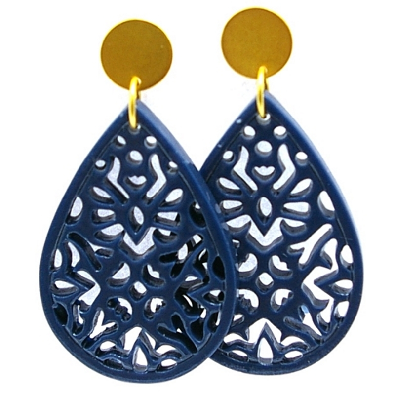 Oorbellen resin druppel opengewerkt lacquer donkerblauw