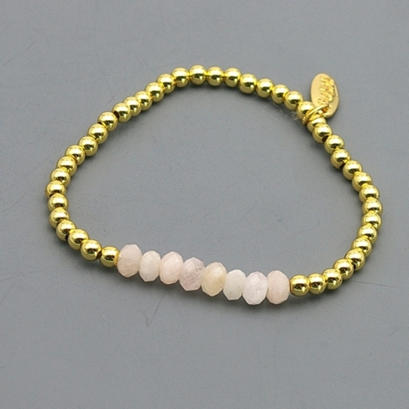 Armband halfedelsteen rozekwarts en 4mm 14krt balletjes