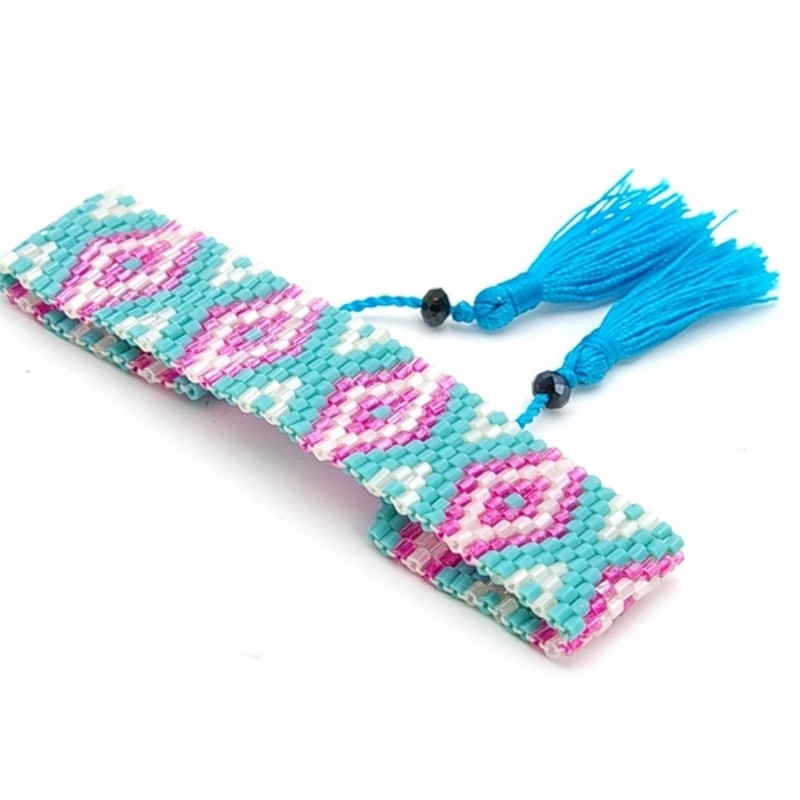 Armband plat geweven met aantrek koordje lichtblauw/roze/wit