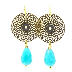 Oorbellen filligrain plaatje goud met agaat druppel zeegroen