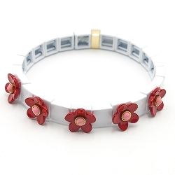 Armband emaille tegel vierkant wit met rode bloemetje