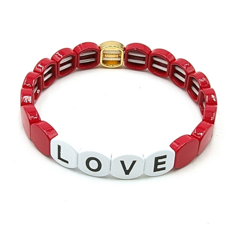 Armband emaille tegel vierkant afgerond Love cerise