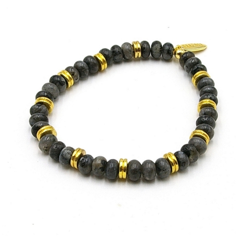 Armband halfedelsteen black labradorite met 14krt schijfjes