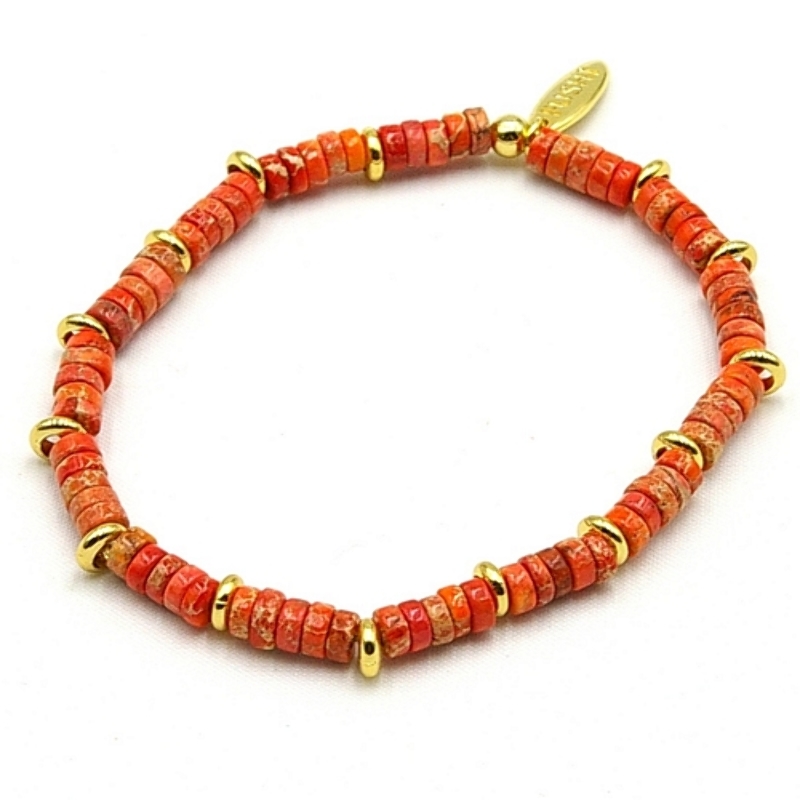 Armband halfedelsteen orange turquoise schijfje en 14krt schijfjes