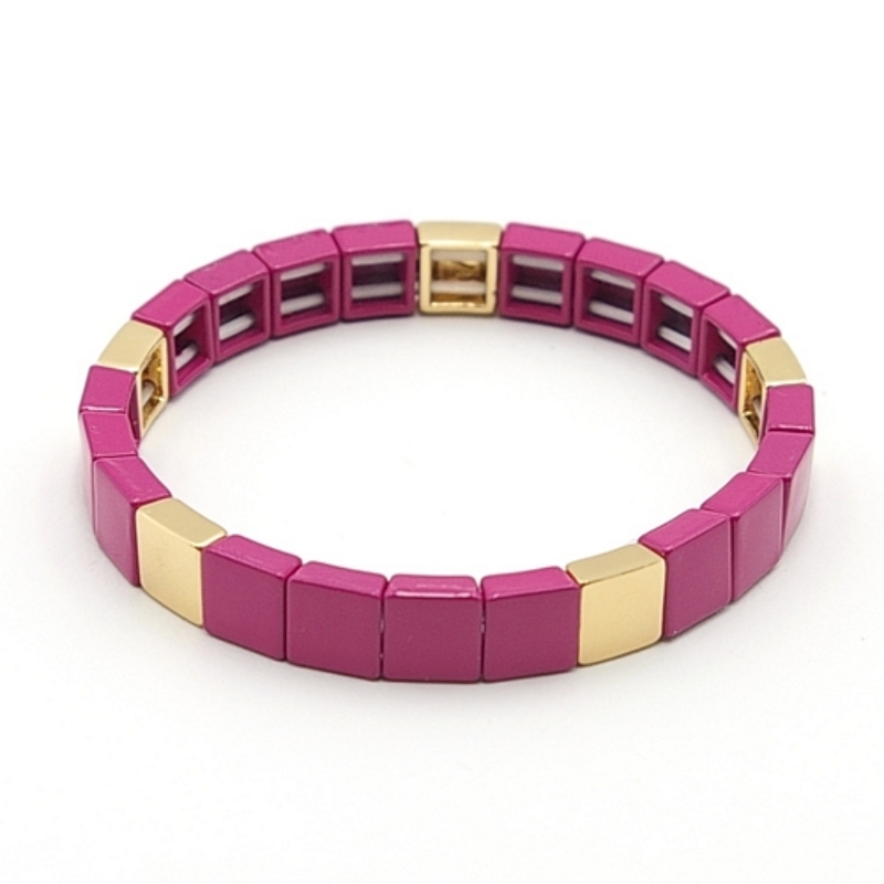 Armband emaille tegel vierkant fuchsia/goud