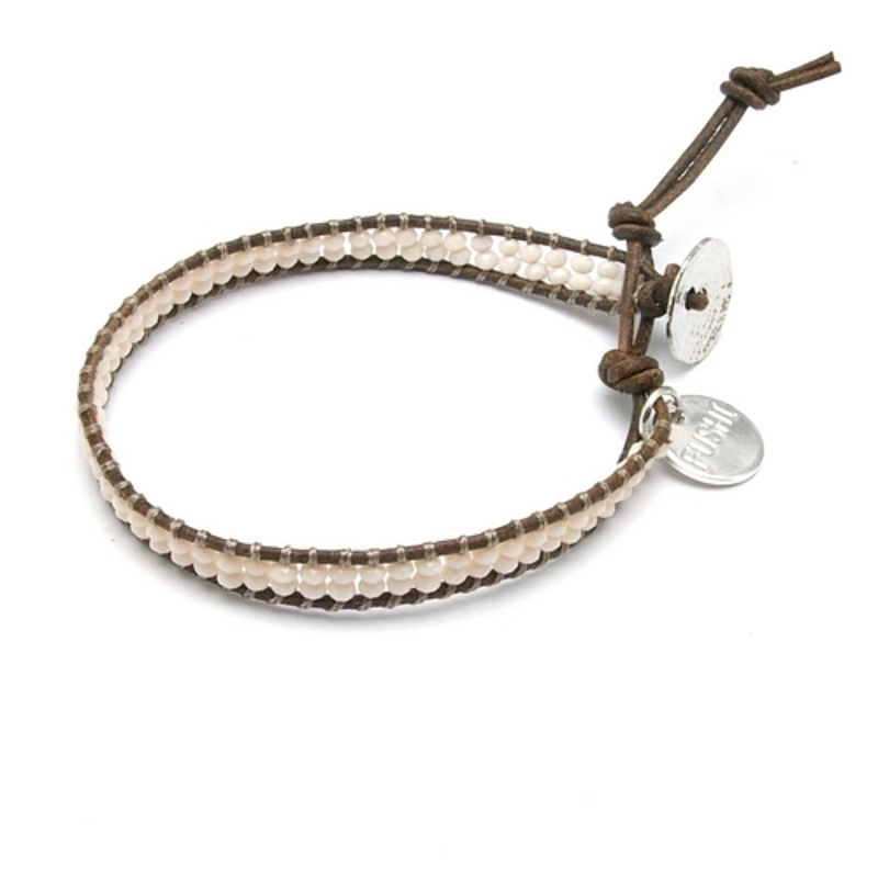 Armband 2 rij facetkraaltjes met natuurleer en zilver