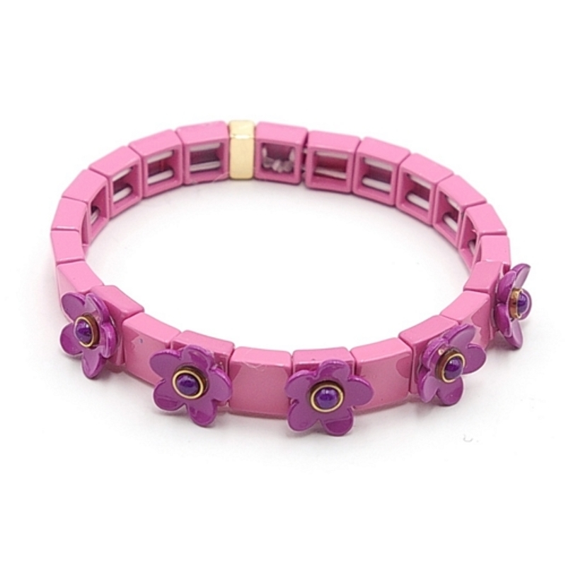 Armband emaille tegel vierkant roze met paars bloemetje