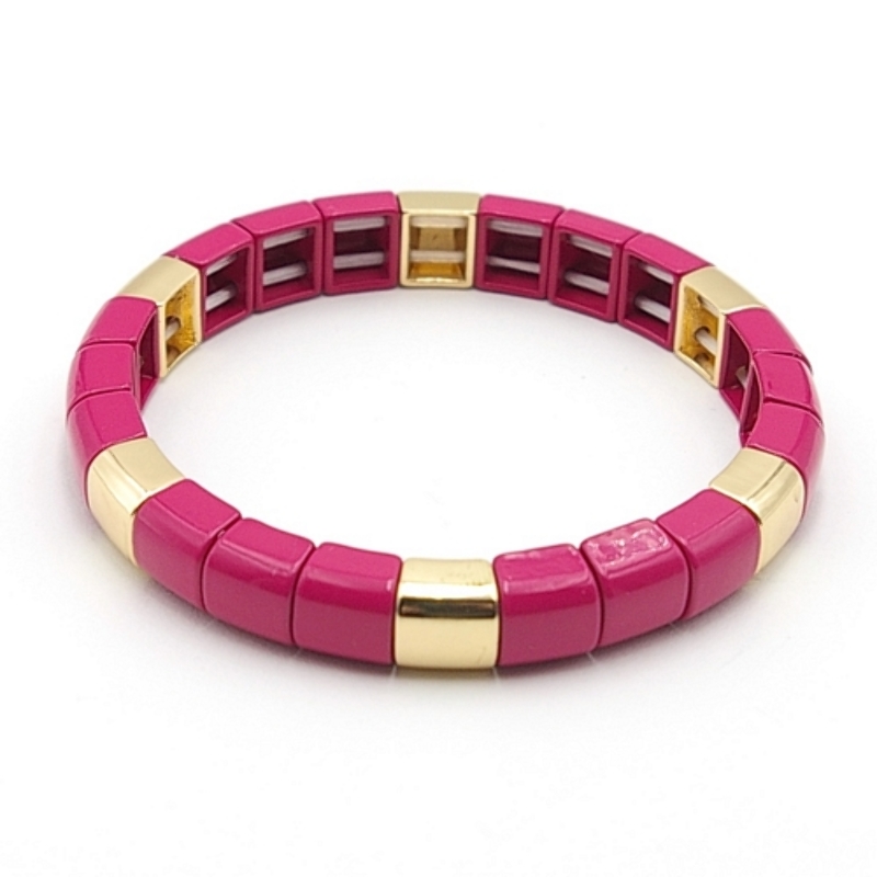 Armband emaille tegel rond gebogen fuchsia/goud