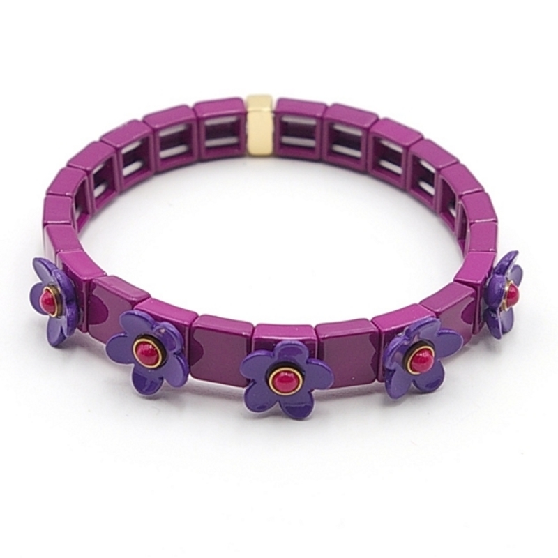 Armband emaille tegel vierkant bordeaux met paars bloemetje