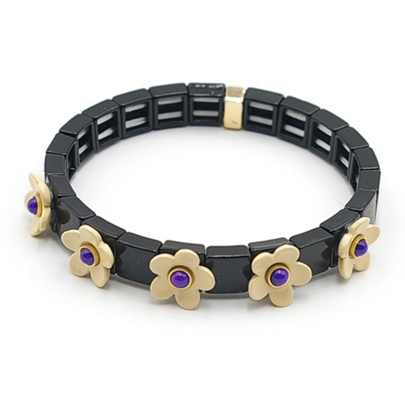 Armband emaille tegel vierkant zwart met beige bloemetje