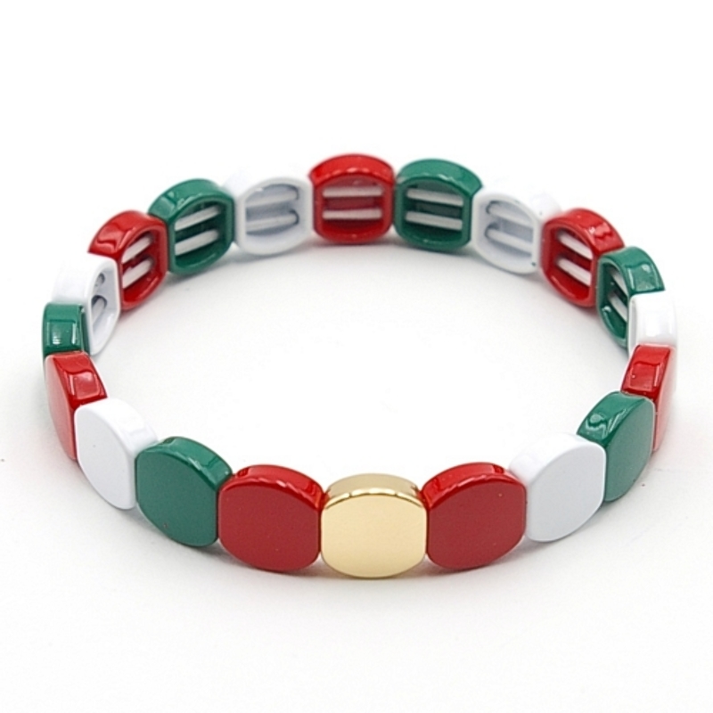 Armband emaille tegel vierkant afgerond rood/wit/groen
