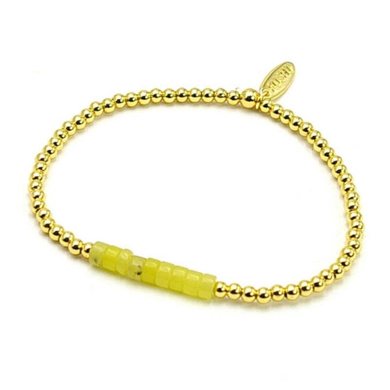 Armband halfedelsteen lemon jade schijfje met 14krt balletjes