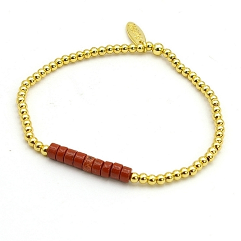 Armband halfedelsteen red jasper schijfje met 14krt balletjes