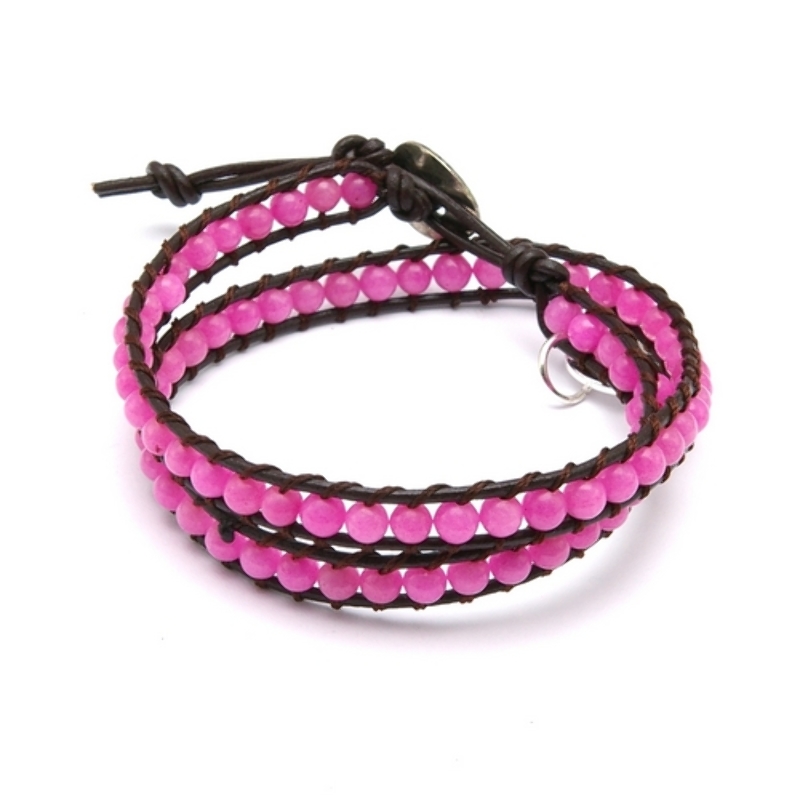 Armband wrap met steenkralen, hardroze