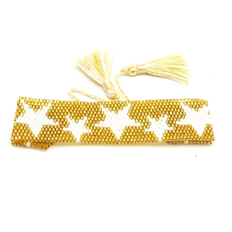 Armband plat geweven mijuki kraaltjes goud met witte sterren
