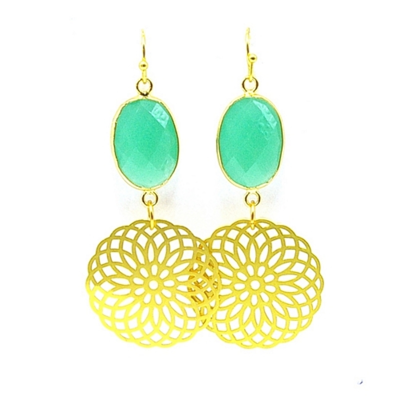 Oorbellen facetgeslepen glas groen met filligrain plaatje