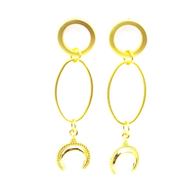 Oorbellen metaal matgoud ovaal open met bedel maan