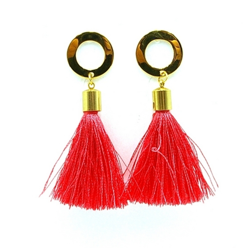 Oorbellen satijndraad kwast roze met stainless steel