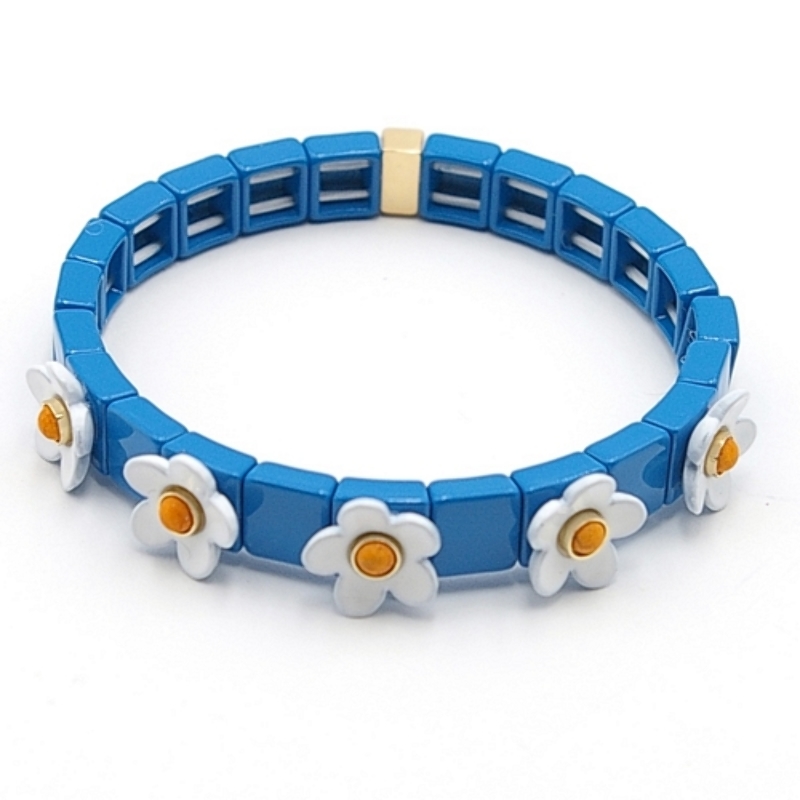 Armband emaille tegel vierkant blauw met witte bloemetje
