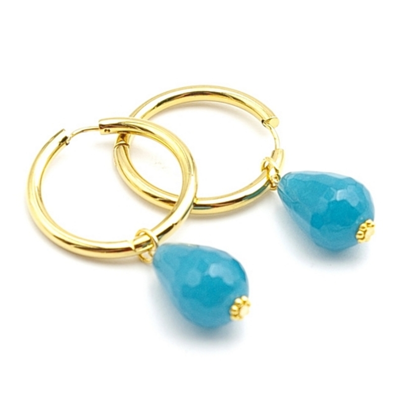 Oorbellen creolen goud met facet geslepen agaat druppel petrol