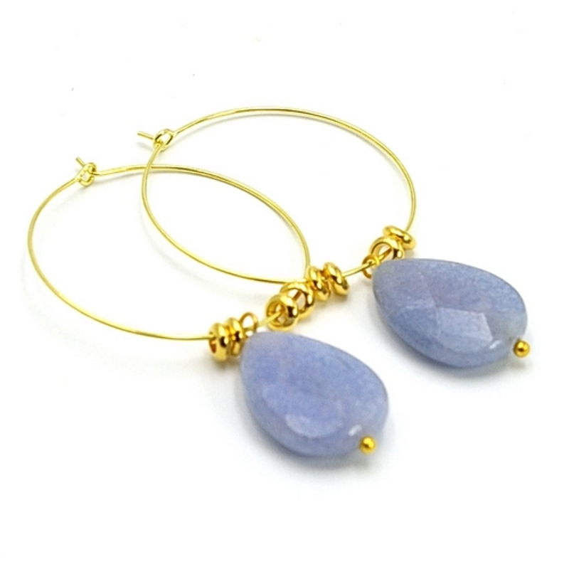 Oorbellen creolen goud met agaat grijsblauw druppel