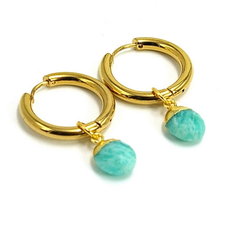 Oorbellen creolen stainless steel met Agaat groen druppel hanger