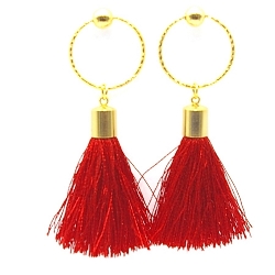 Oorbellen kwast zijdedraad rood met stainless steel bovenkant