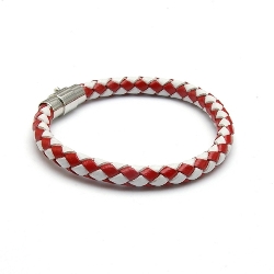 Armband gevlochten natuurleer rood/wit