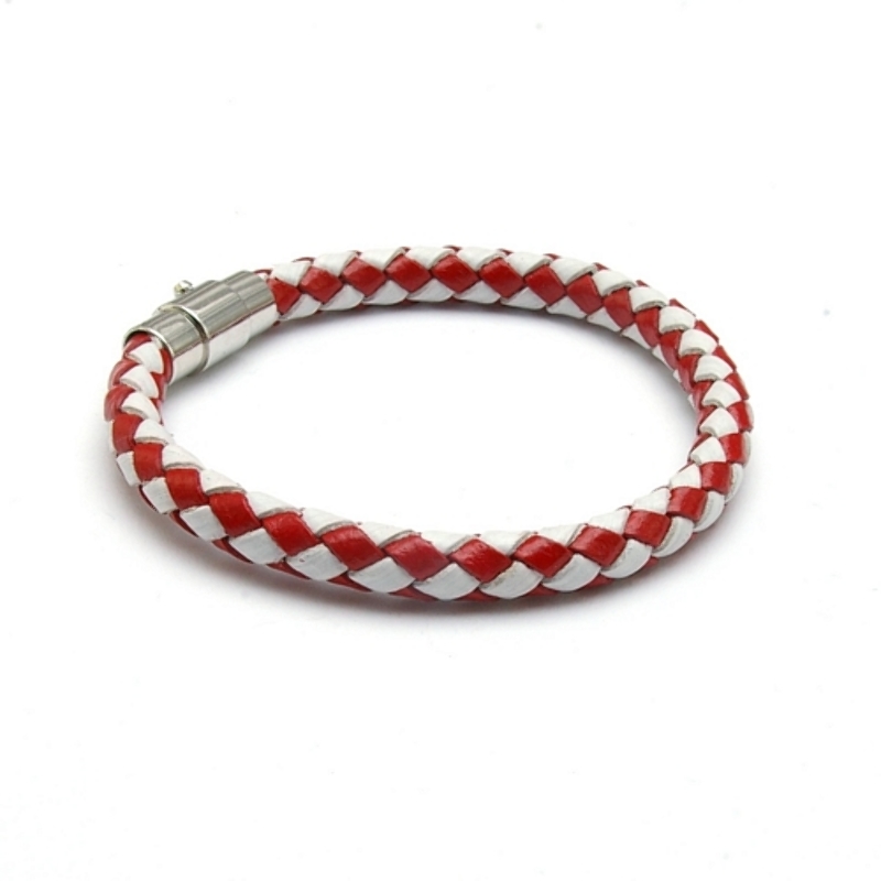 Armband gevlochten natuurleer rood/wit