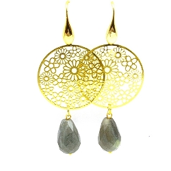 Oorbellen filligrain plaatje en halfedelsteen labradorite druppels