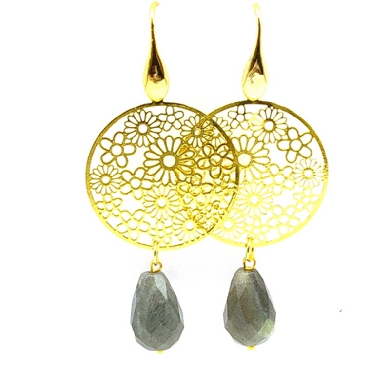 Oorbellen filligrain plaatje en halfedelsteen labradorite druppels