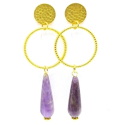 Oorbellen metaal open ring goud met halfedelsteen druppel amethyst