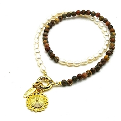 Ketting kort zoetwaterparel en halfedelsteen met hanger goud