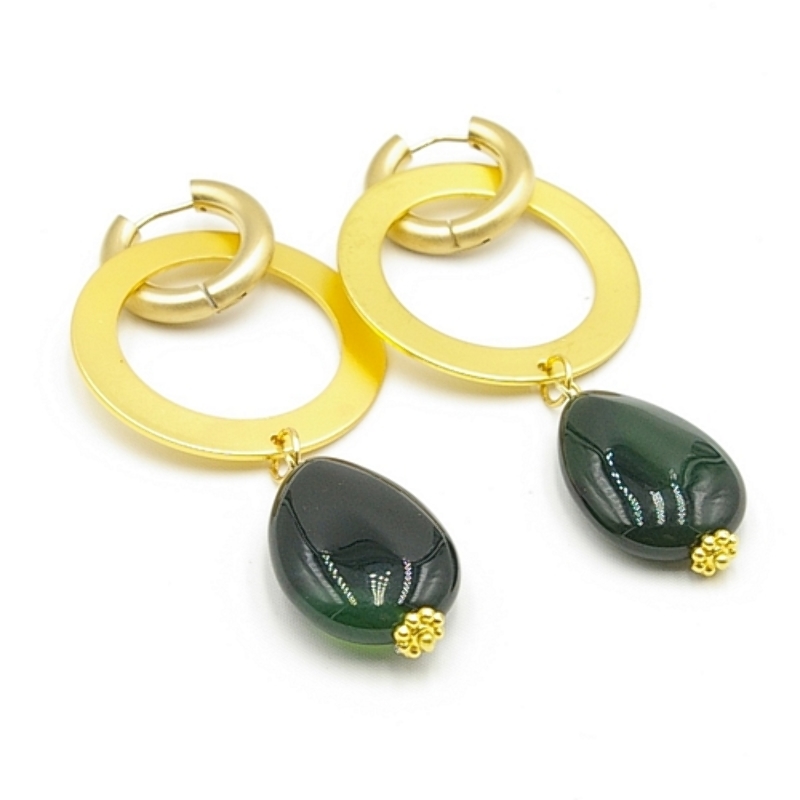 Oorbellen creolen metaal open ring met Agaat druppel donkergroen