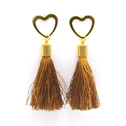 Oorbellen satijndraad kwast bruin met gouden hart steker