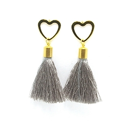 Oorbellen satijndraad kwast grijs met gouden hart steker